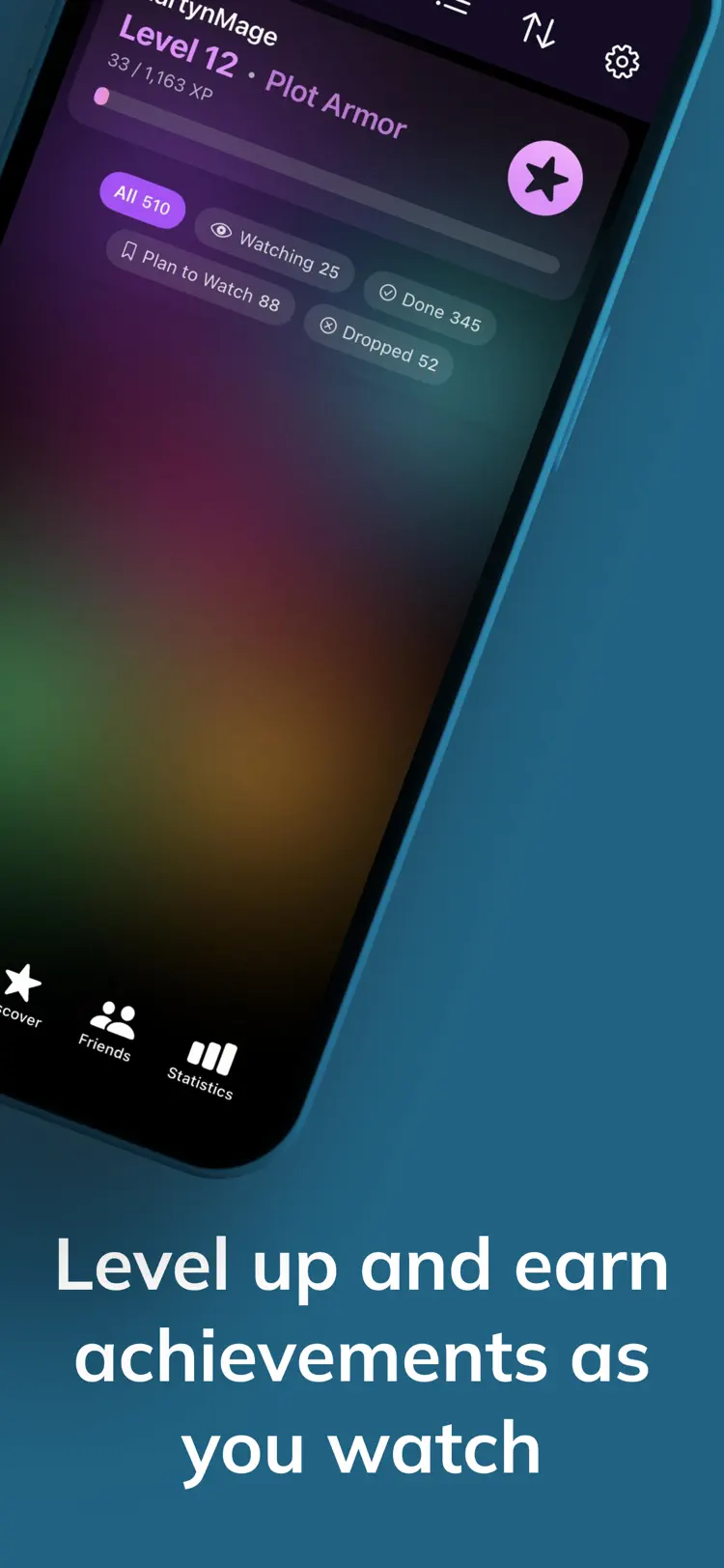 Level up and earn achievements as you watch — a profile at level 12 with 510 tracked series.