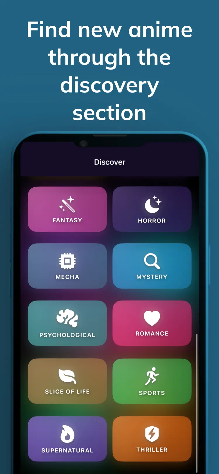The WatchMori Discover screen, showing anime genres including fantasy, horror, mecha and mystery.